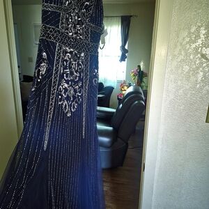 Elegant Navy Blue Embellished Evening Gown New
